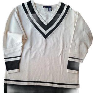 LizSport Women’s Vtg V-Neck Boxy Knit Pullover Sweater Ivory Black Long Sleeve